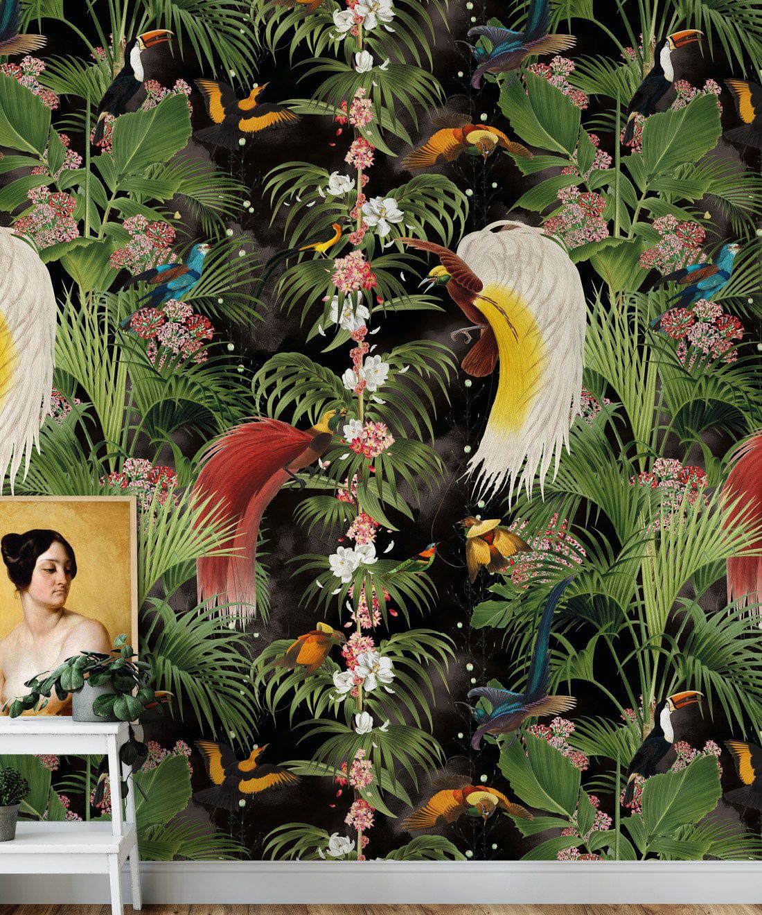 Paradiso Wallpaper with exotic birds and tropical palms on a black background