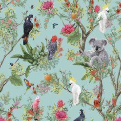 Australia Wallpaper • Cockatoos, Koalas, Parrots, Finches • Milton & King Australia • Mint Green Wallpaper Swatch