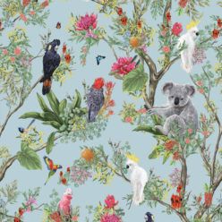 Australia Wallpaper • Cockatoos, Koalas, Parrots, Finches • Milton & King USA • Aqua Wallpaper Swatch