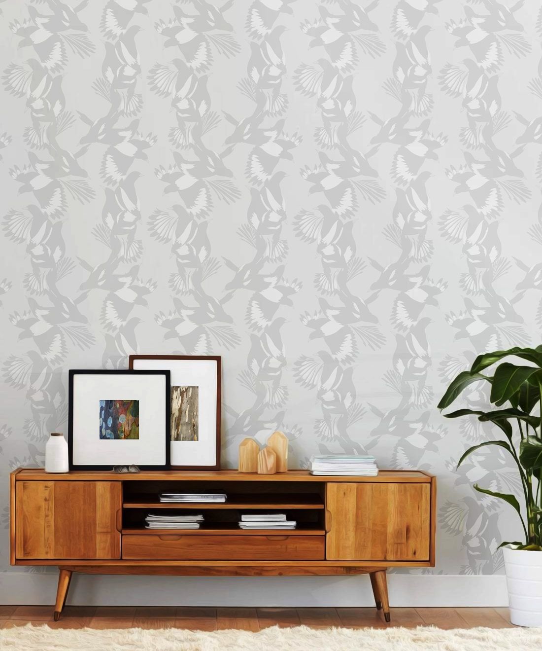 Magpie Wallpaper • Milton & King • Kingdom Home • Bird Wallpaper • Bondi Grey Insitu