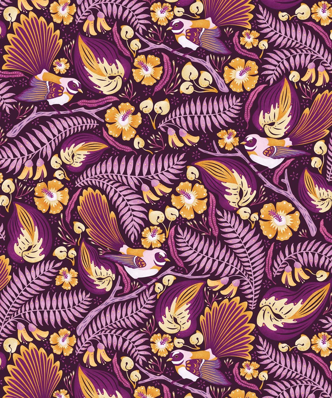 Faintails Wallpaper • New Zealand • Bird Wallpaper • Kowhai Tree • Kowhai Flowers • Purple Wallpaper •Swatch