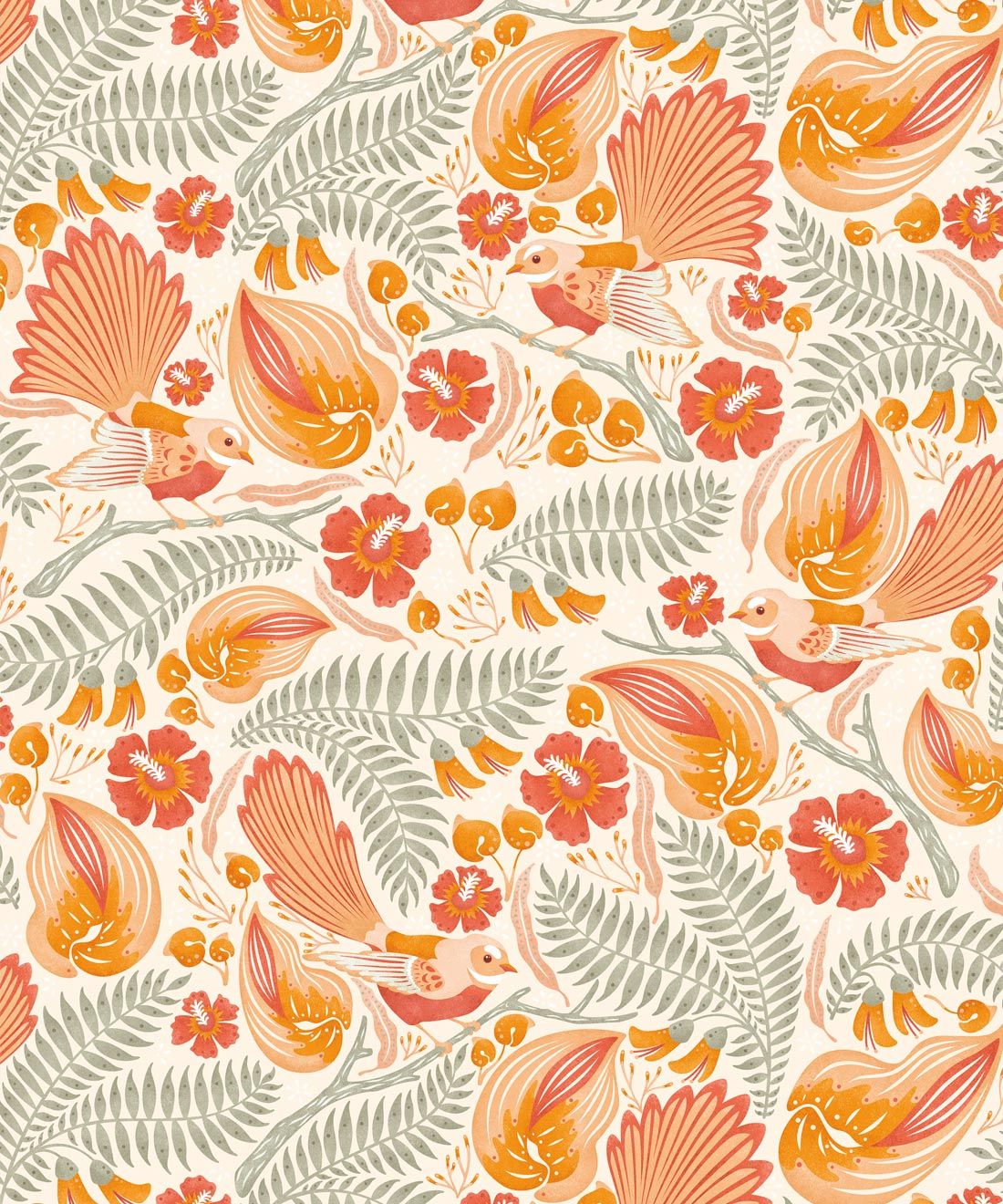 Faintails Wallpaper • New Zealand • Bird Wallpaper • Kowhai Tree • Kowhai Flowers • Orange Wallpaper • Light Colorway