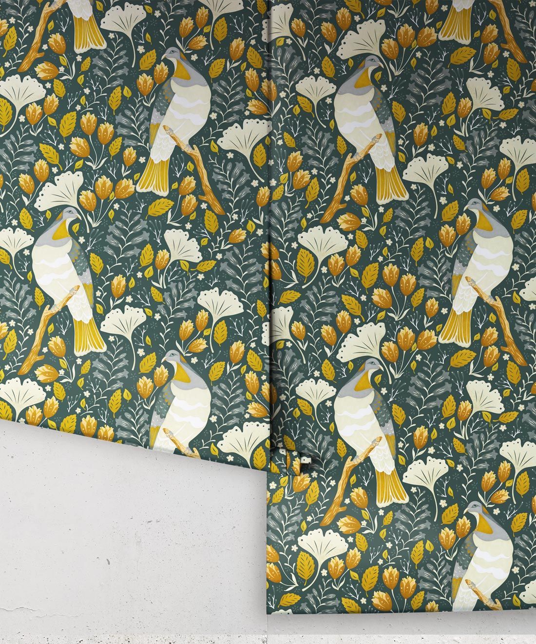 Kereru Wallpaper • Wood Pigeon• Bird Wallpaper • Mustard Green Wallpaper Rolls