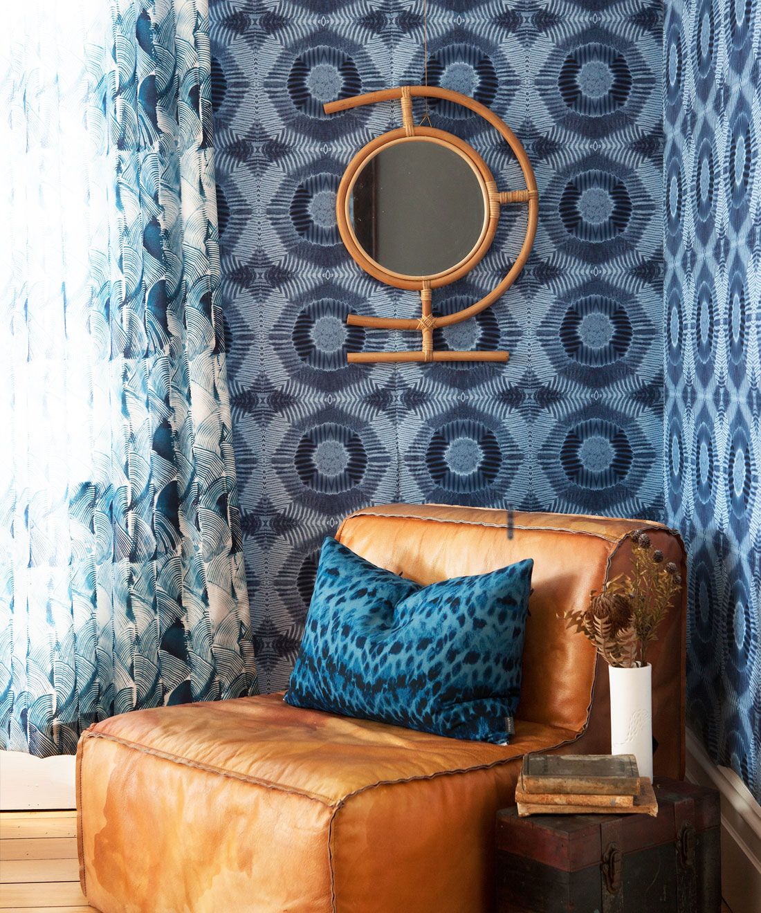 Aztec Suns Wallpaper Indigo Blue • Shibori Geometric • Insitu