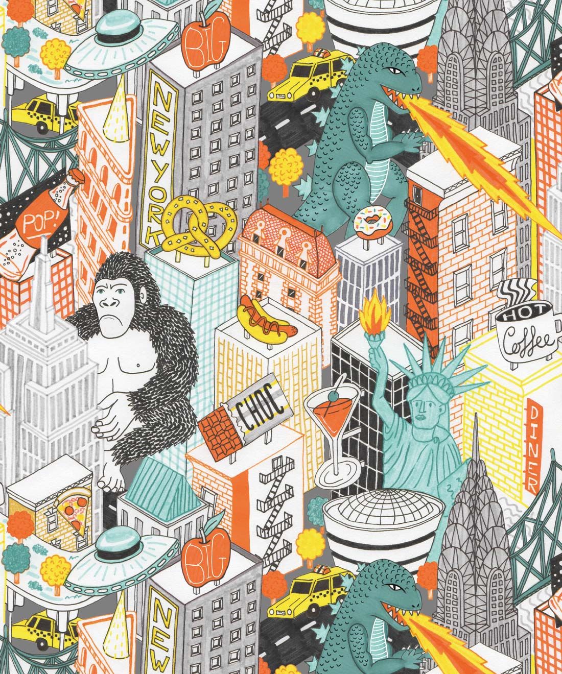 New York City Wallpaper by Jacqueline Colley featuring Godzilla, King Kong, a UFO, buildings and the statue of liberty • Grey • swatch