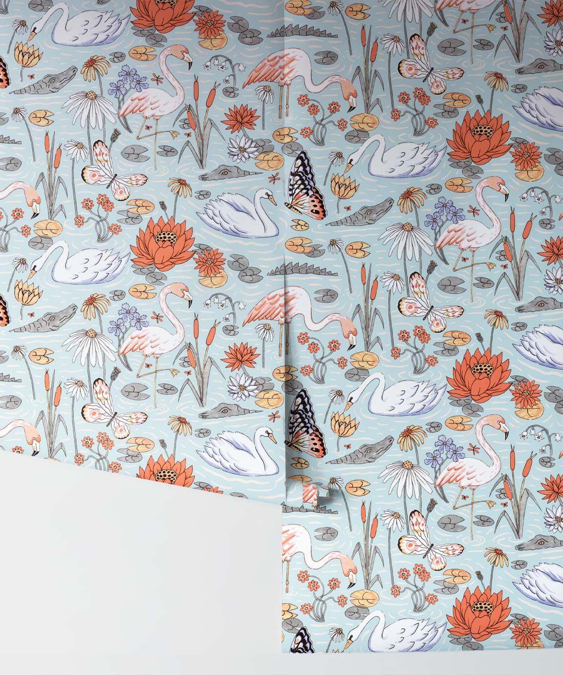 Pond Pattern Wallpaper featuring alligators, swans, flamingos and lily pads • Light • Rolls