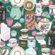 Tea Time Wallpaper • tea cups, tea pots, macaroons • milk and cream • Teal • swatch