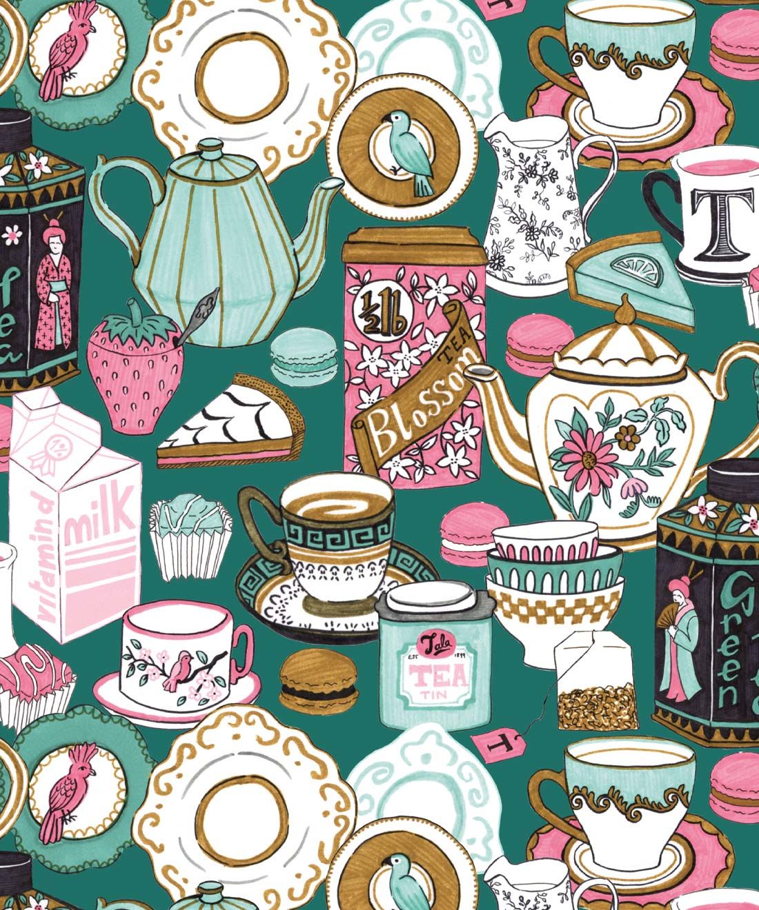 Tea Time Wallpaper • tea cups, tea pots, macaroons • milk and cream • Teal • swatch