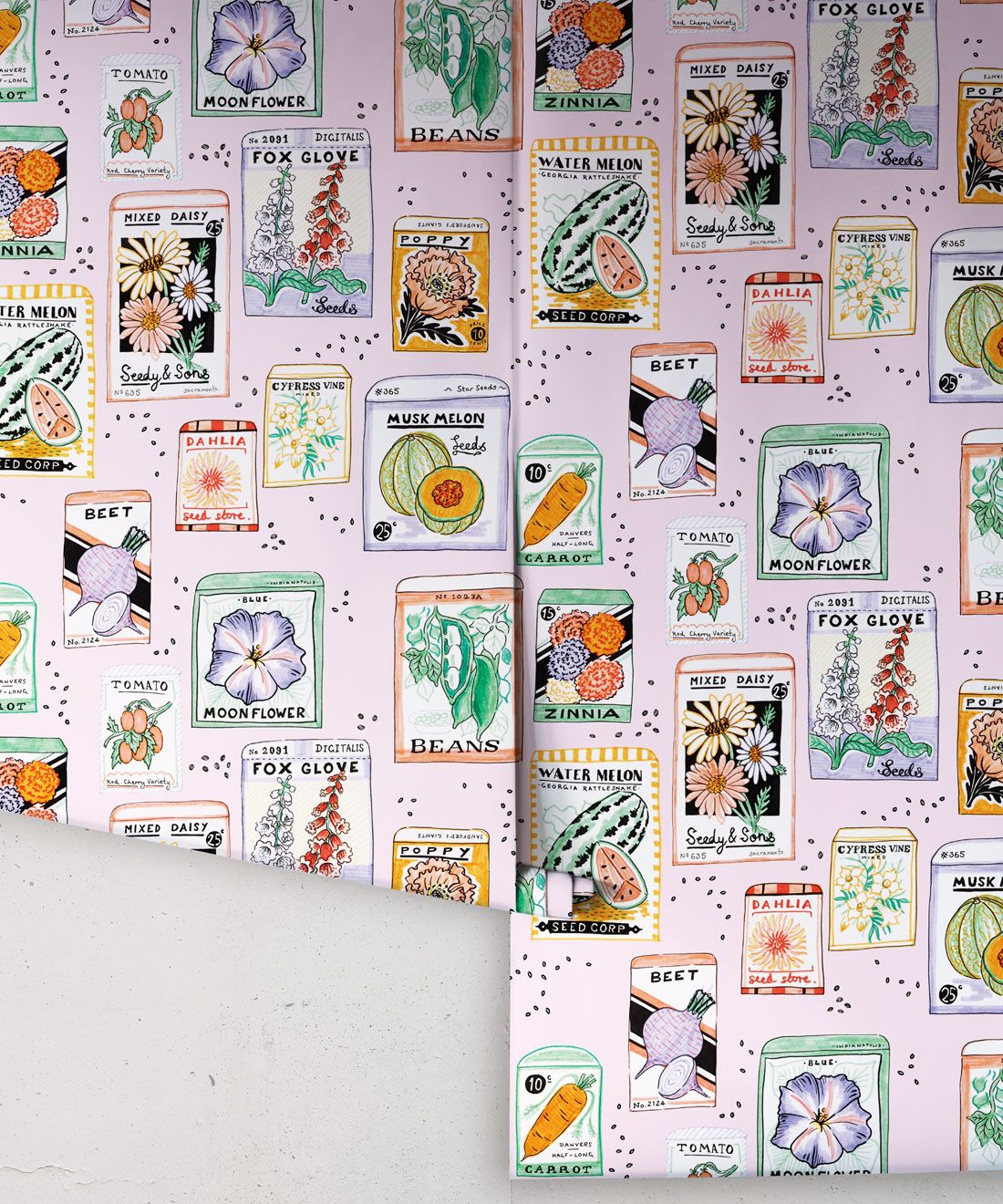 Seed Packets Wallpaper featuring watermelon, carrot, beet, beans, poppy, daisy rolls
