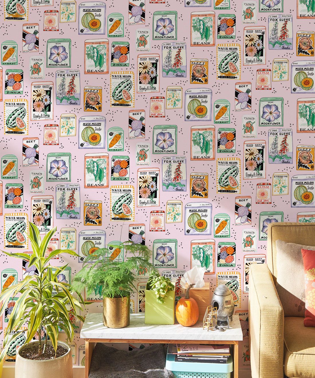 Seed Packets Wallpaper featuring watermelon, carrot, beet, beans, poppy, daisy insitu