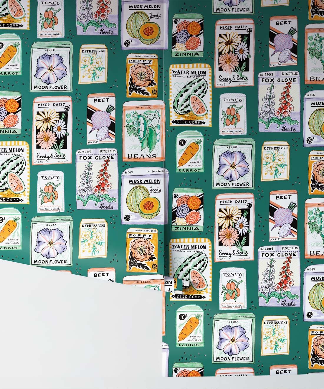 Seed Packets Wallpaper featuring watermelon, carrot, beet, beans, poppy, daisy • Teal • Rolls