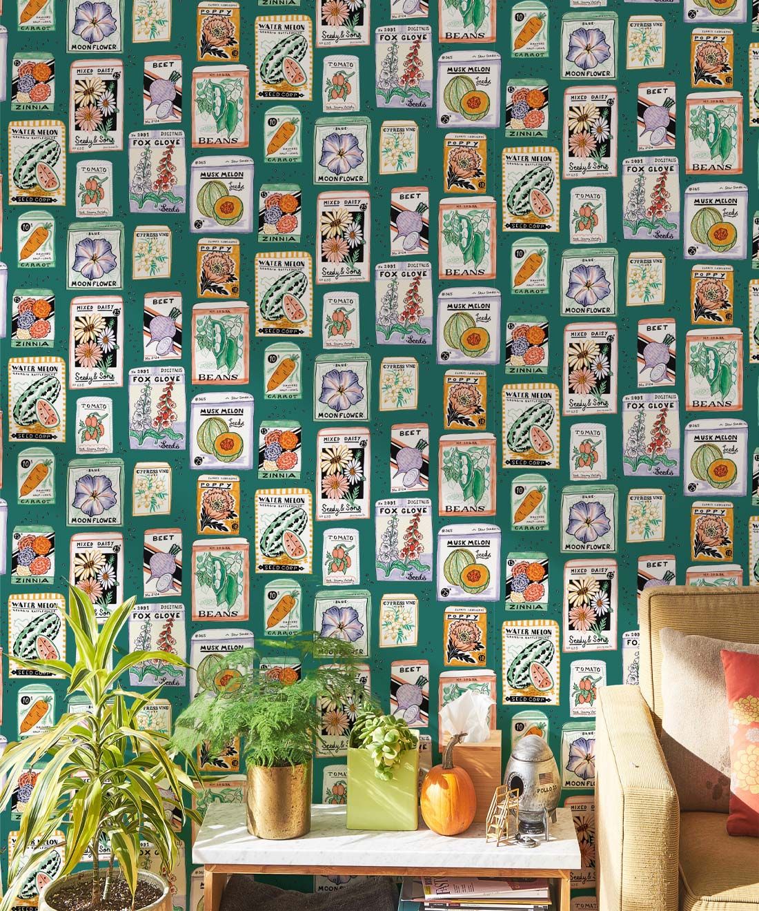 Seed Packets Wallpaper featuring watermelon, carrot, beet, beans, poppy, daisy • Teal • Insitu