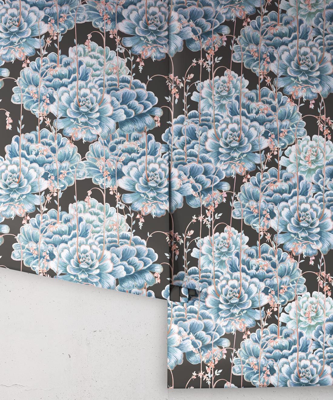 Succulents Wallpaper Blue Charcoal • Cactus Wallpaper • Desert Wallpaper Rolls on black background
