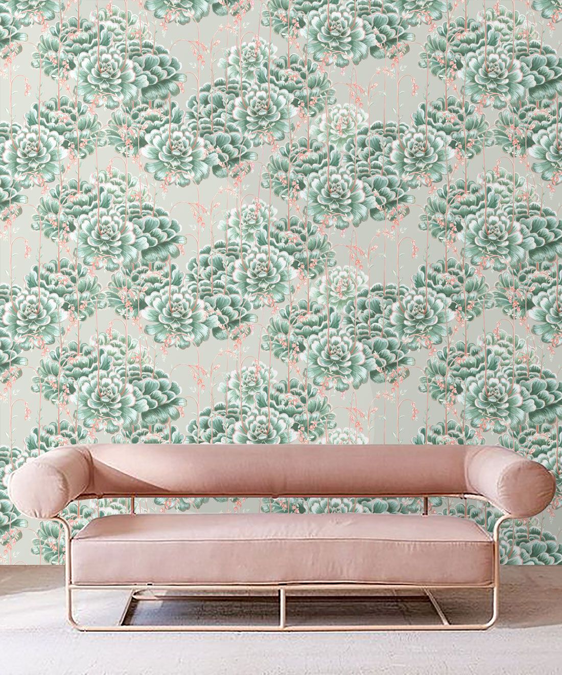 Succulents Wallpaper Green Beige • Cactus Wallpaper • Desert Wallpaper insitu on grey background behind sofa with pink cushions