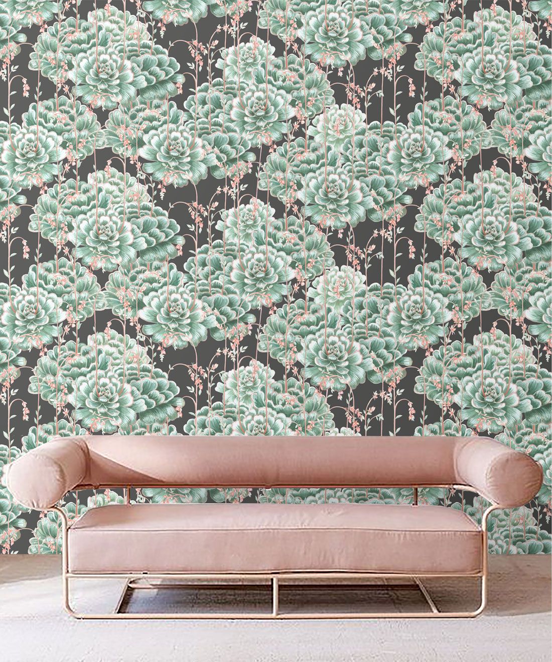 Succulents Wallpaper Green Charcoal • Cactus Wallpaper • Desert Wallpaper Insitu on black background behind pink sofa