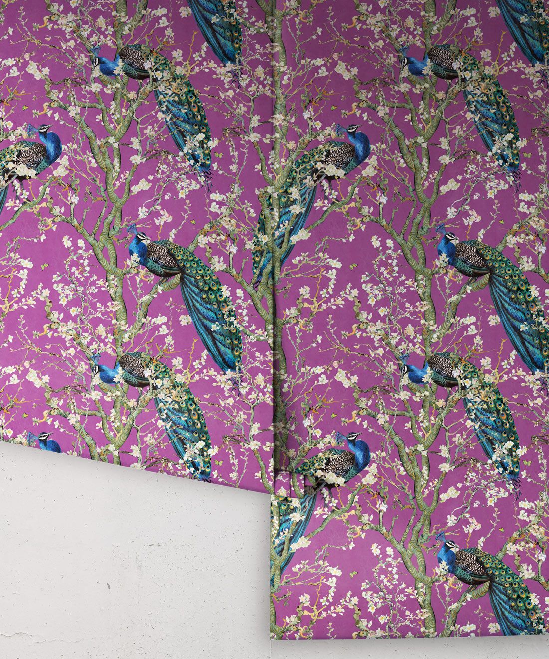 Almond Blossom Wallpaper • Chinoiserie Wallpaper • Wallpaper with Peacocks • Purple Eggplant Wallpaper • Rolls