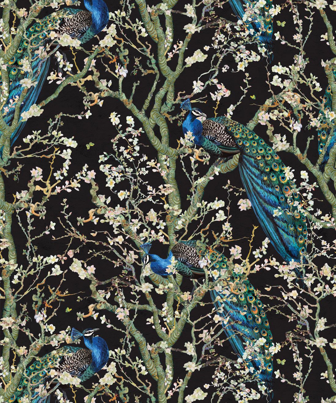Almond Blossom Wallpaper • Chinoiserie Wallpaper • Wallpaper with Peacocks • Black Night Wallpaper • Swatch