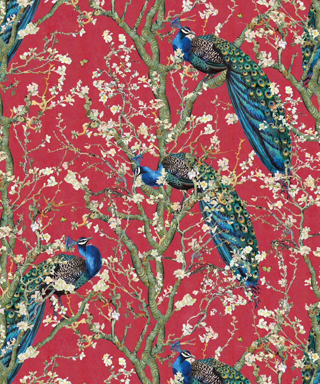 Almond Blossom Wallpaper • Chinoiserie Wallpaper • Wallpaper with Peacocks • Red Lantern Wallpaper • Swatch