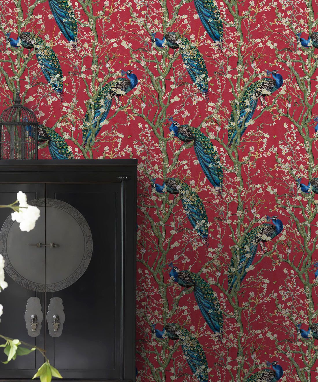 Almond Blossom Wallpaper • Chinoiserie Wallpaper • Wallpaper with Peacocks • Red Lantern Wallpaper • Insitu