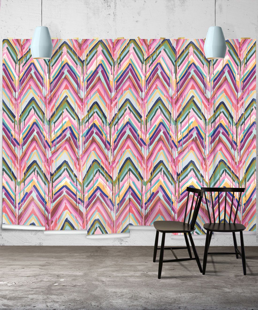 Crossroads Wallpaper • Colourful Painterly Wallpaper • Tiff Manuell • Chevron Wallpaper • Wide Insitu