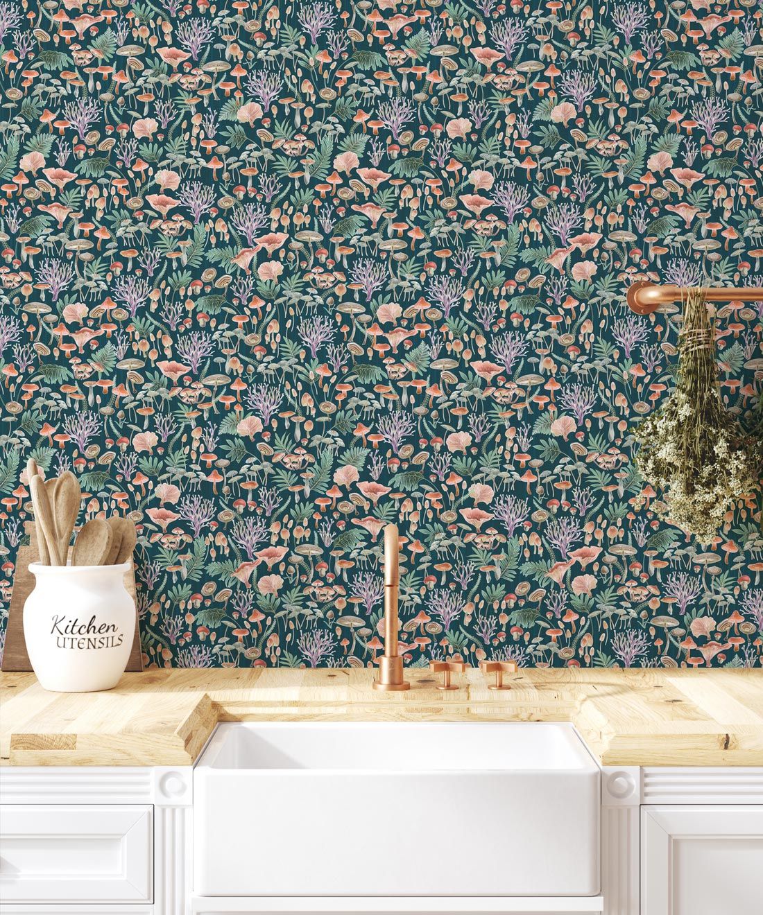 Fungi Wallpaper • Eloise Short • Vintage Floral Wallpaper • Granny Chic Wallpaper • Grandmillennial Style Wallpaper • Ocean • Insitu