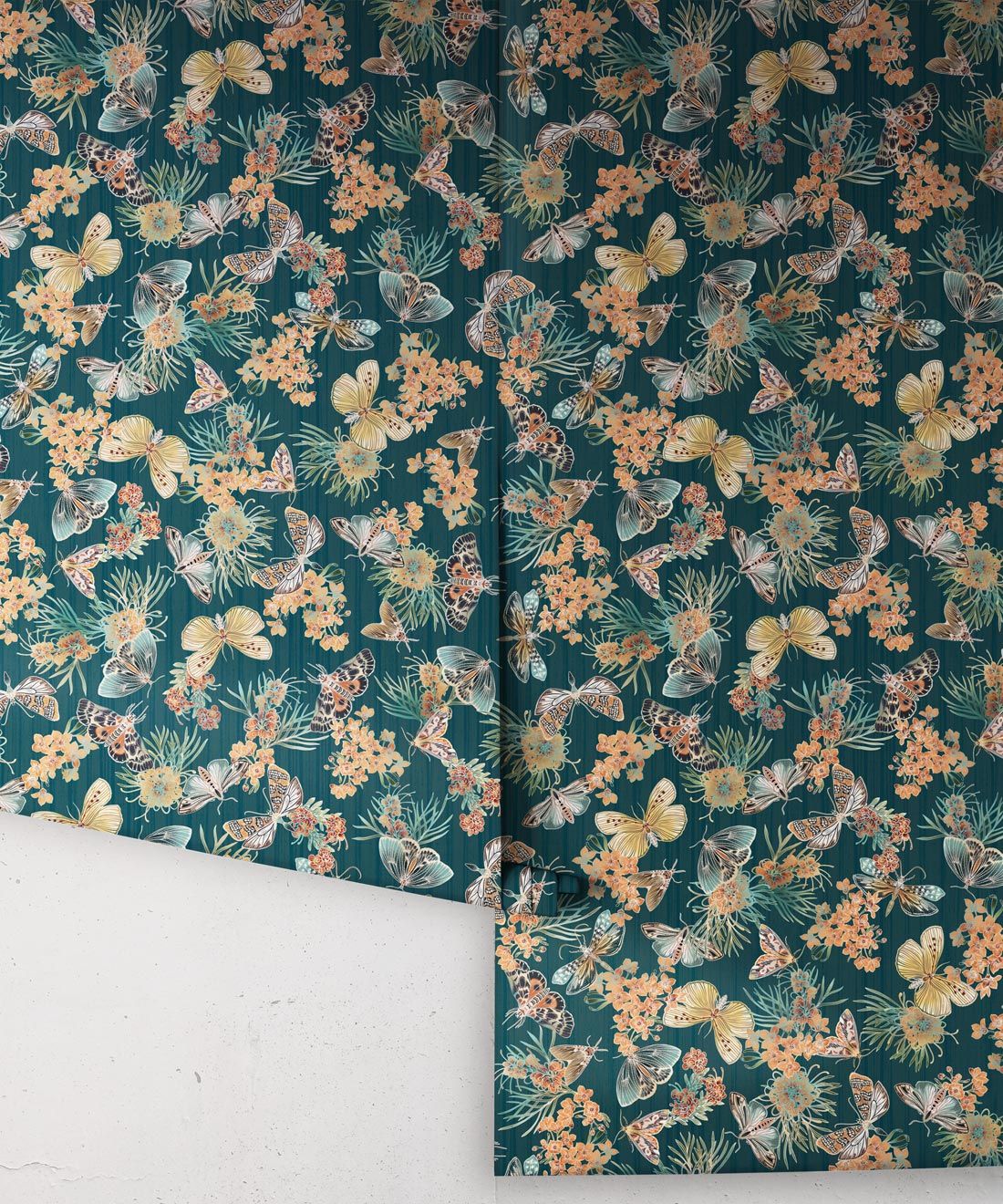 Moth Wallpaper • Eloise Short • Vintage Floral Wallpaper • Granny Chic Wallpaper • Grandmillennial Style Wallpaper • Deep Ocean • Rolls
