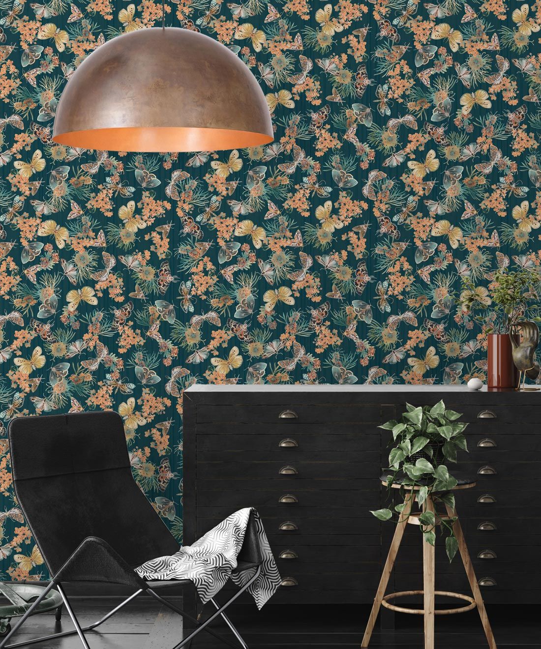 Moth Wallpaper • Eloise Short • Vintage Floral Wallpaper • Granny Chic Wallpaper • Grandmillennial Style Wallpaper • Deep Ocean • Insitu