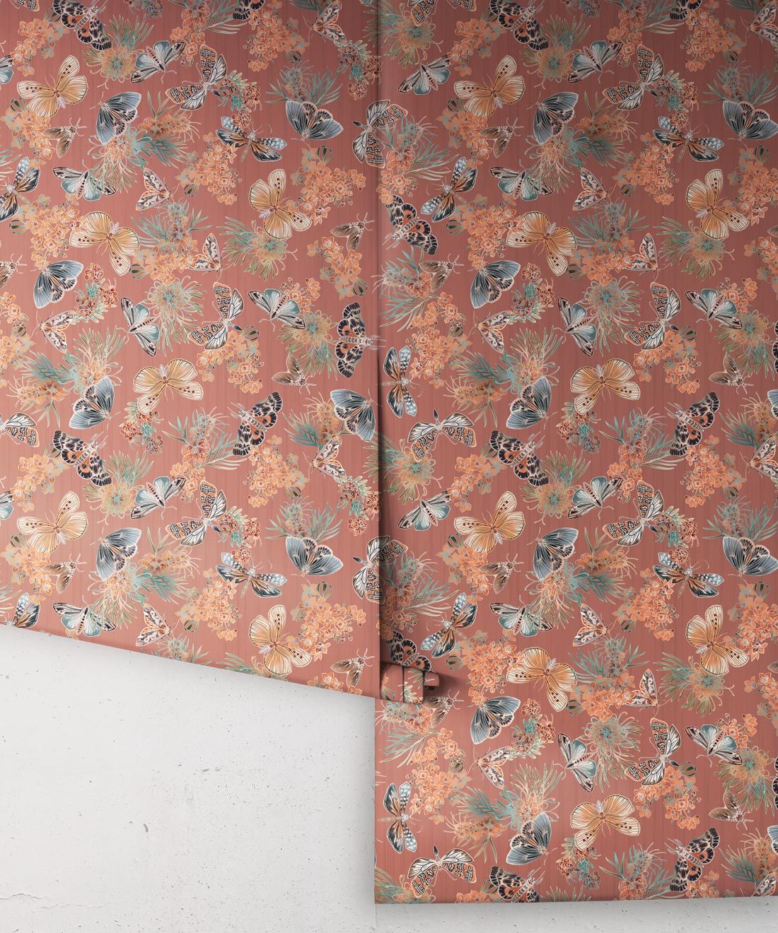 Moth Wallpaper • Eloise Short • Vintage Floral Wallpaper • Granny Chic Wallpaper • Grandmillennial Style Wallpaper • Rosewood • Rolls
