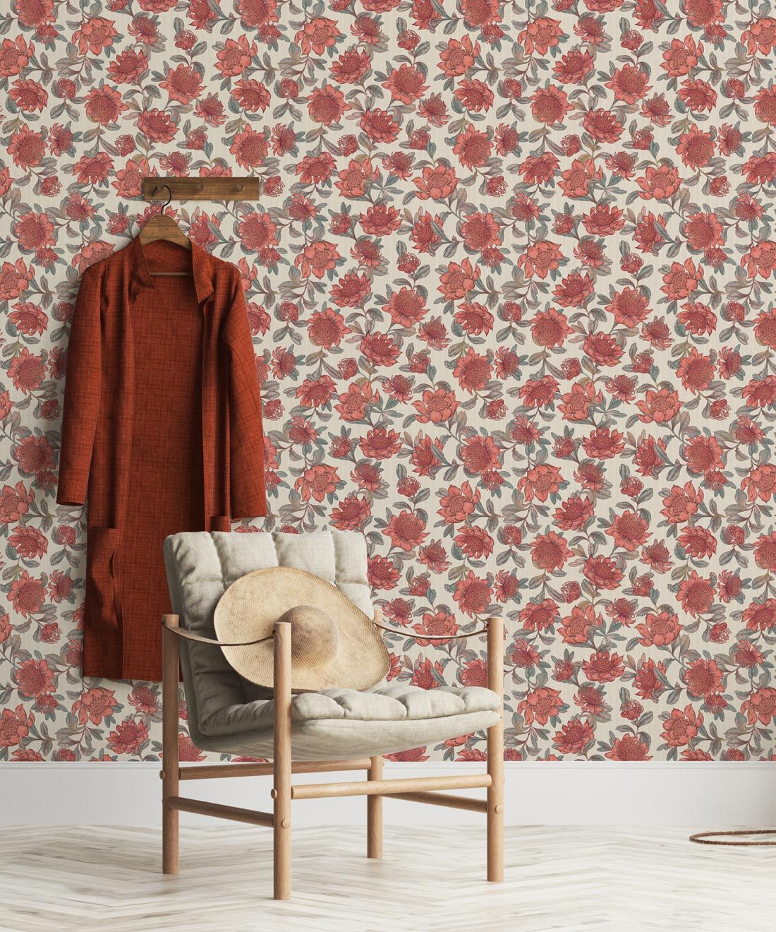 Waratah Wallpaper • Eloise Short • Vintage Floral Wallpaper • Granny Chic Wallpaper • Grandmillennial Style Wallpaper • Parchment • Insitu