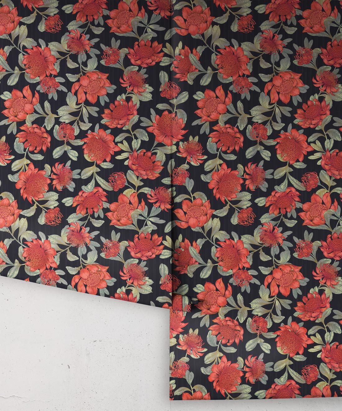Waratah Wallpaper • Eloise Short • Vintage Floral Wallpaper • Granny Chic Wallpaper • Grandmillennial Style Wallpaper • Slate • Rolls