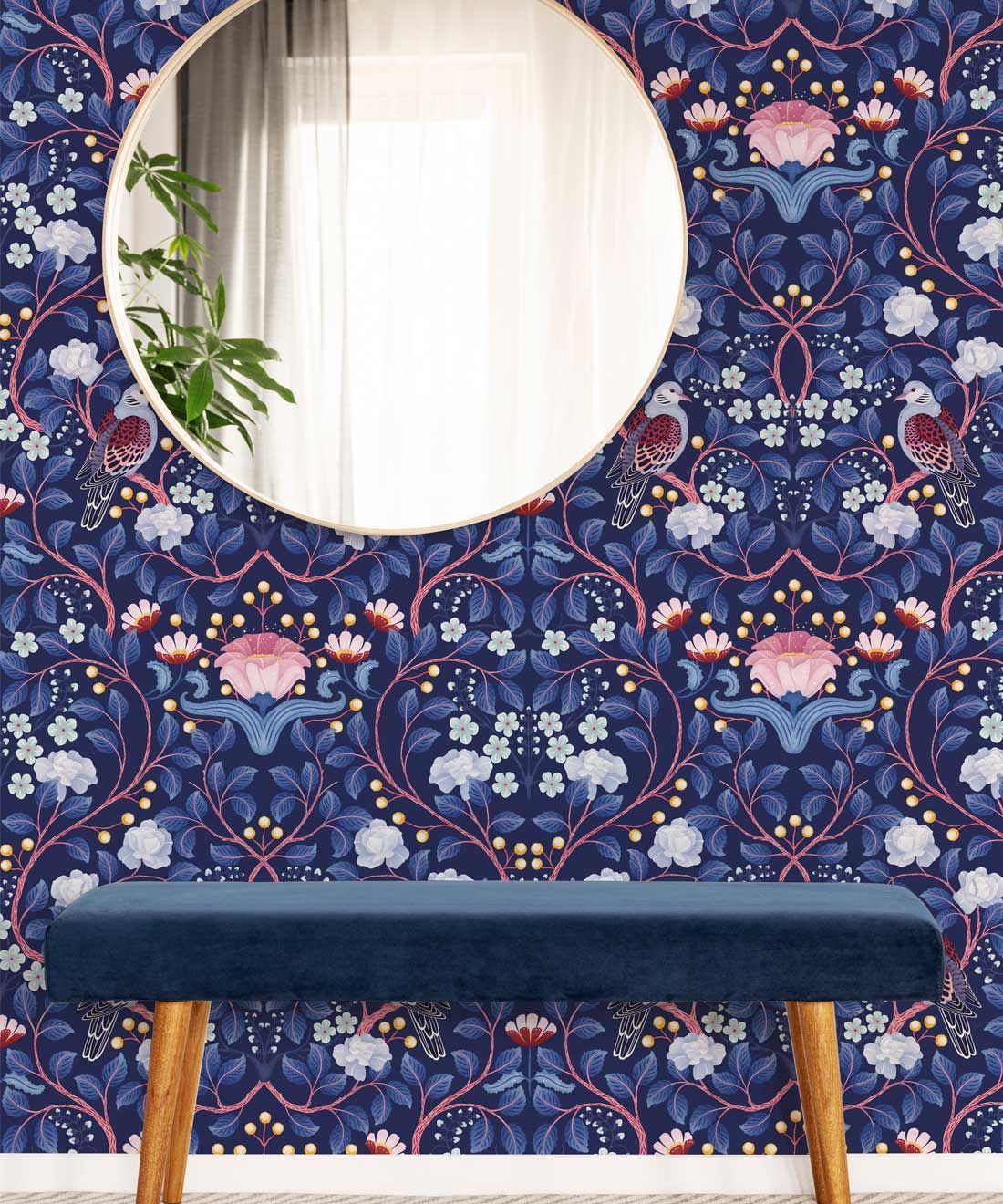 Turtle Doves Wallpaper • Bold Colorful Bird Wallpaper • Blueberry • Insitu