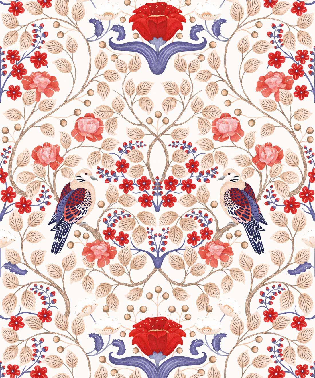 Turtle Doves Wallpaper • Bold Colorful Bird Wallpaper • Creme • Swatch