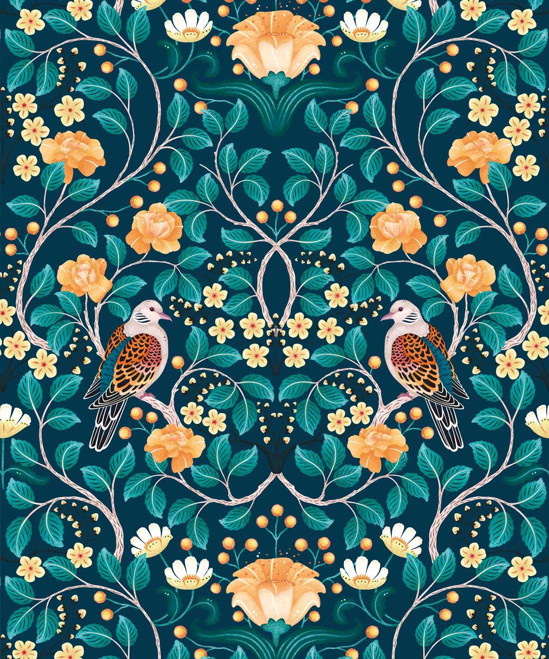 Turtle Doves Wallpaper • Bold Colorful Bird Wallpaper • Emerald • Swatch