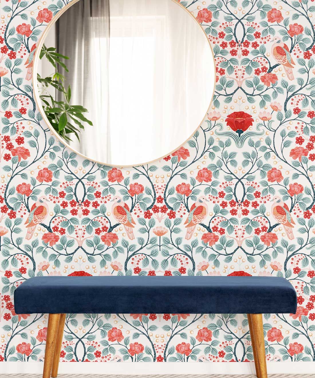 Turtle Doves Wallpaper • Bold Colorful Bird Wallpaper • Peppermint • Insitu