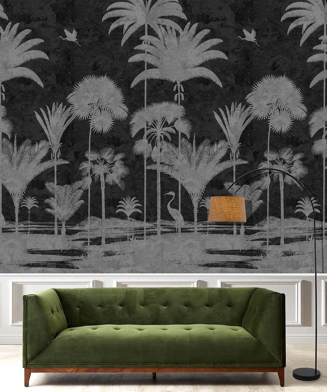 Shadow Palms Wallpaper Mural •Bethany Linz • Palm Tree Mural • Black & White • Insitu