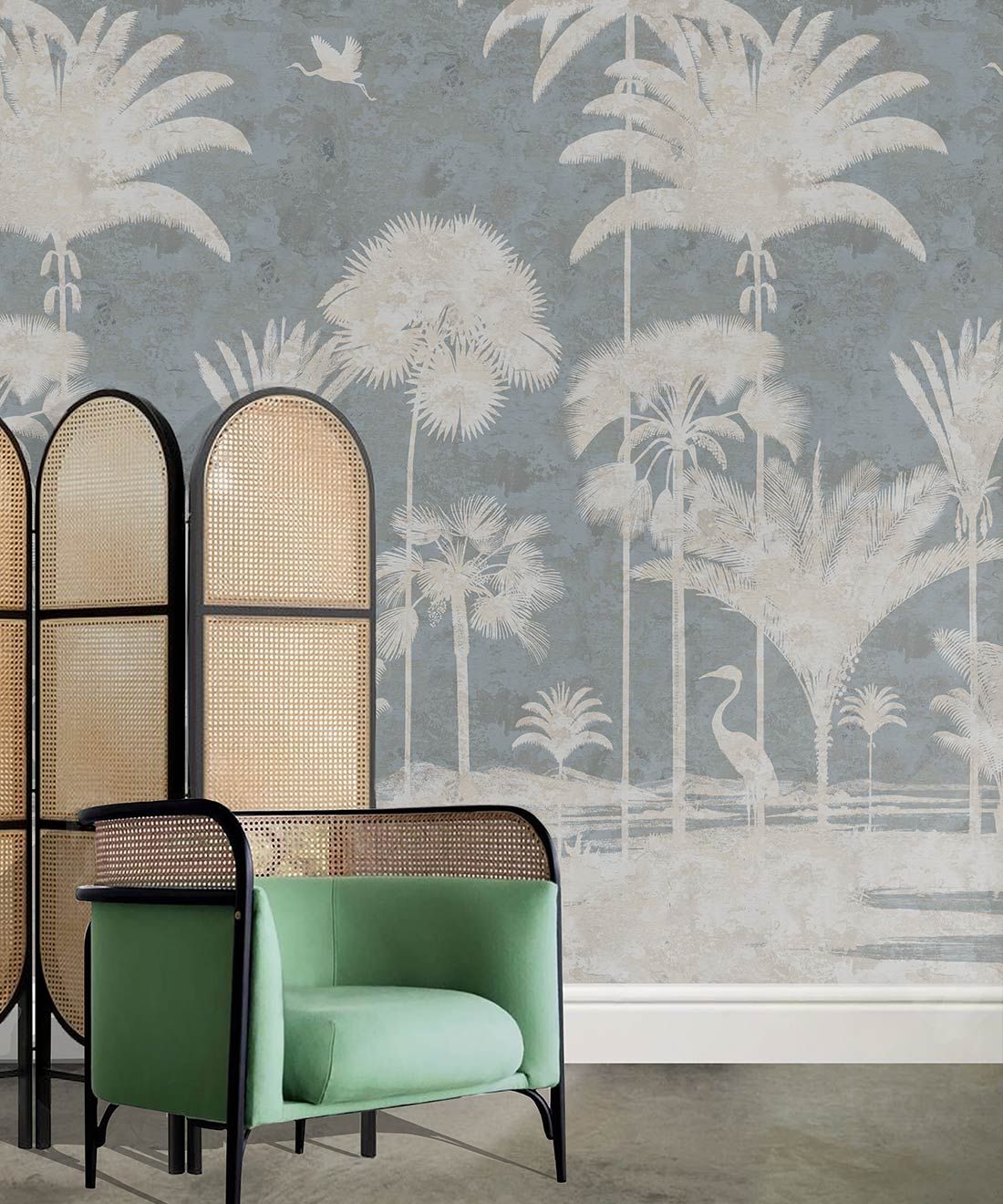 Shadow Palms Wallpaper Mural •Bethany Linz • Palm Tree Mural • Blue • Insitu with mint green chair