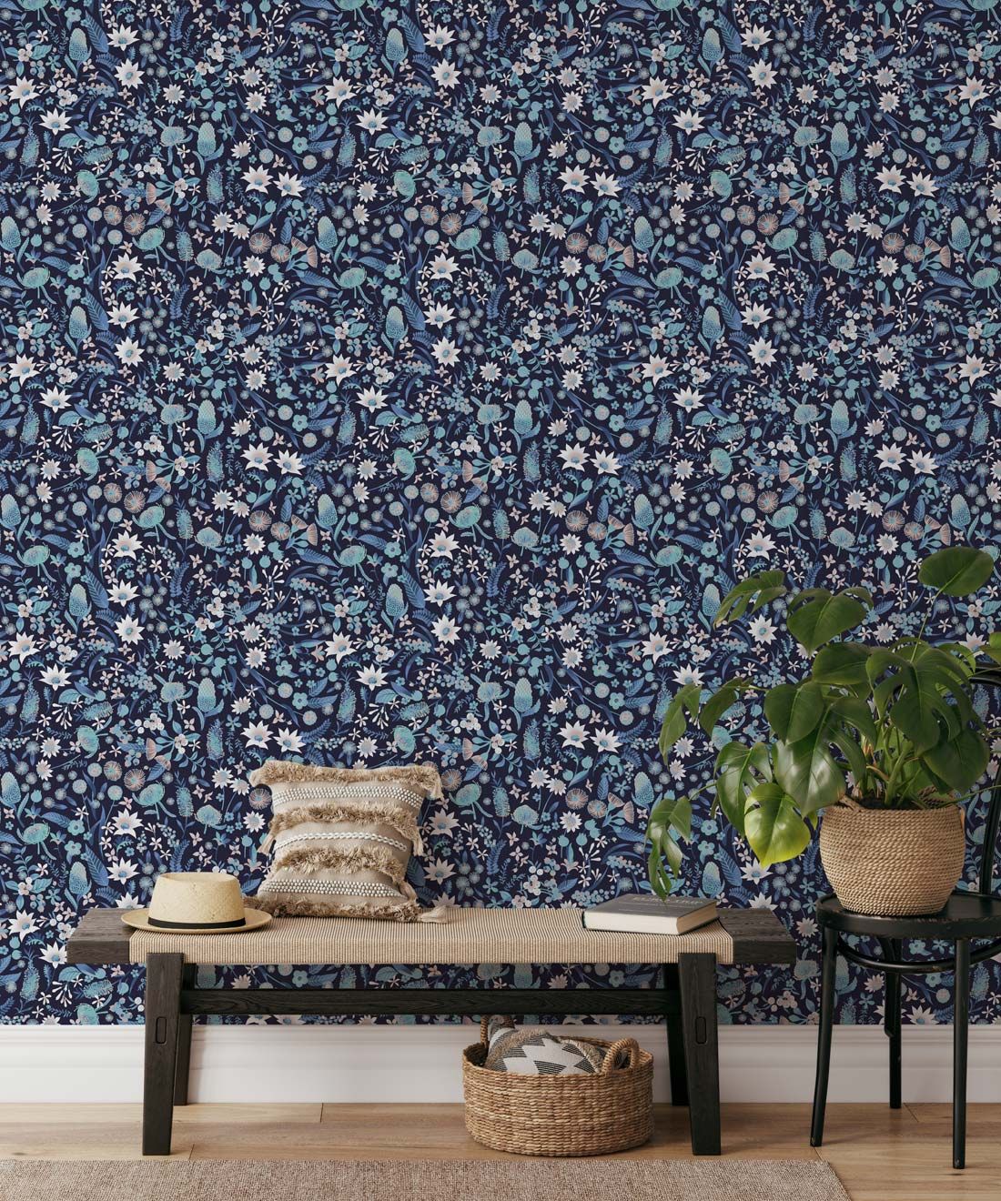 Forest Floral Wallpaper • Blue • Insitu