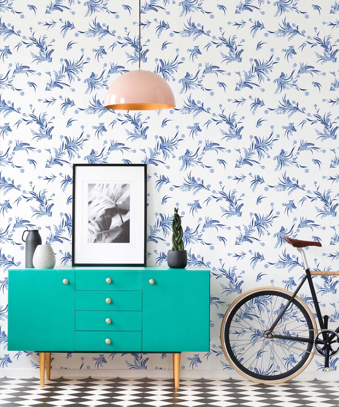 Wattle Wallpaper • Blue & White • Insitu