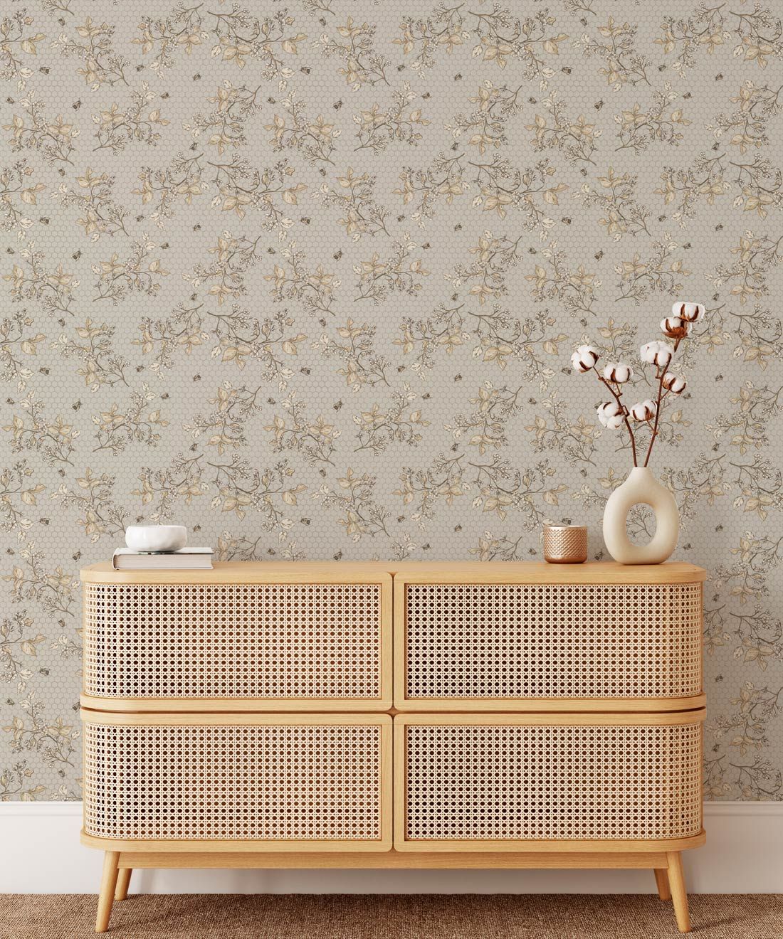 Bee Blossom Wallpaper • Hackney & Co. • Dusty • Insitu