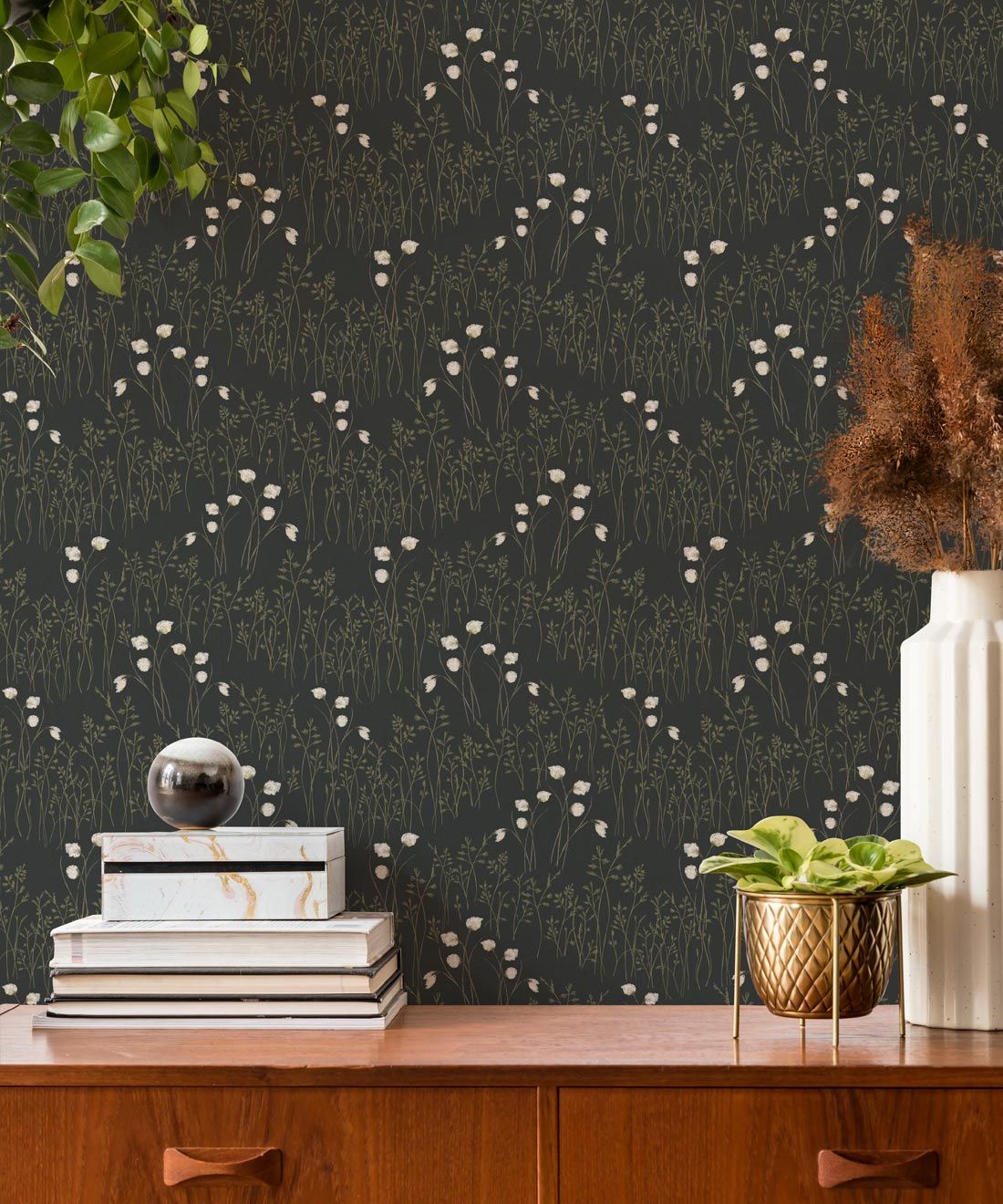 Cotton Grass Wallpaper • Hackney & Co. • Forest Green • Insitu