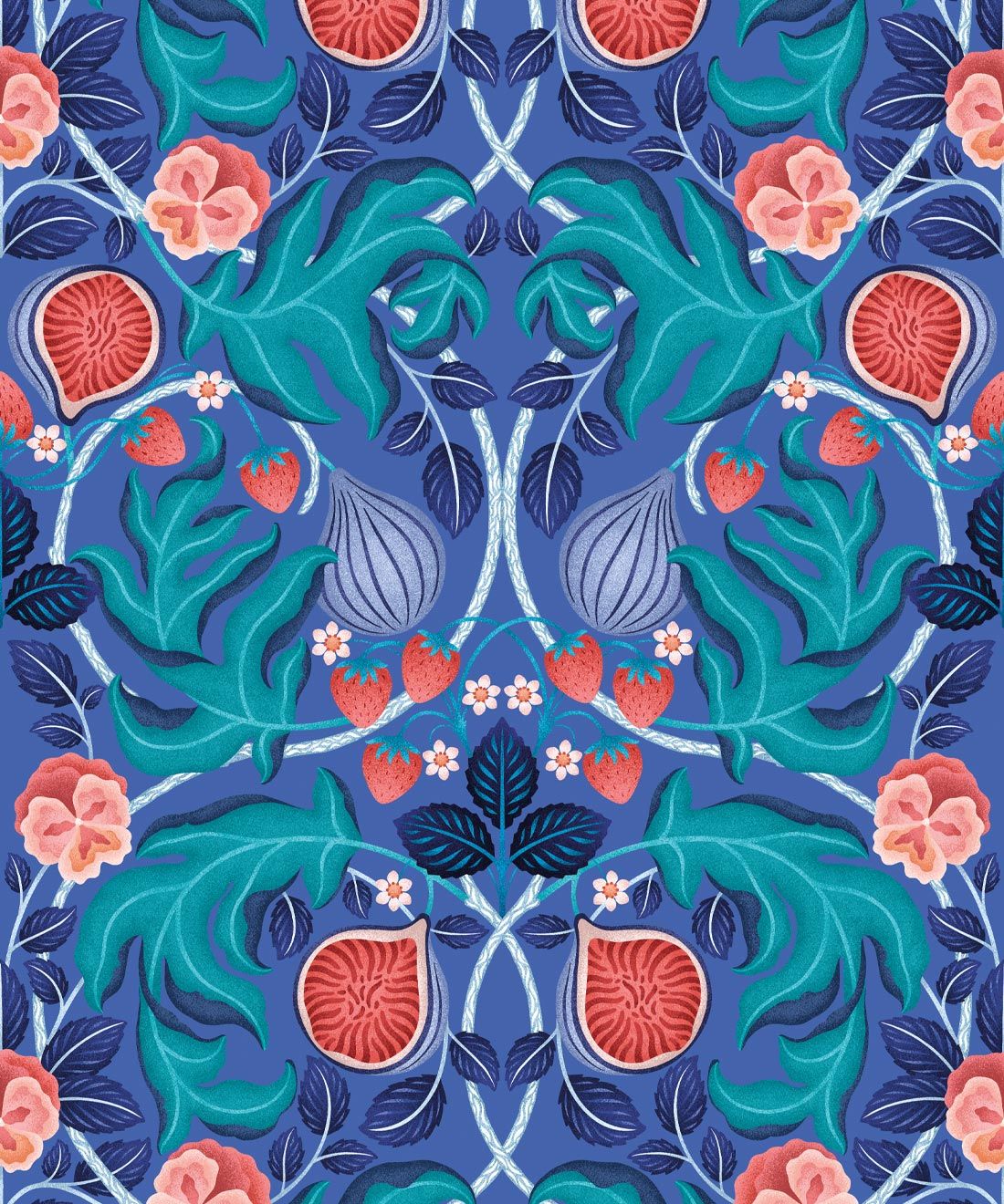 Figs & Strawberries Wallpaper • Botanical Fruit Wallpaper • Medium Blue • Swatch