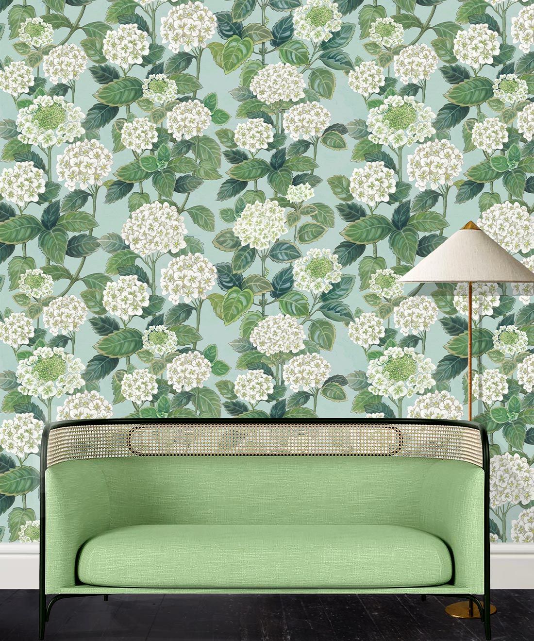 Hydrangea Garden Wallpaper • Blue & White • Insitu