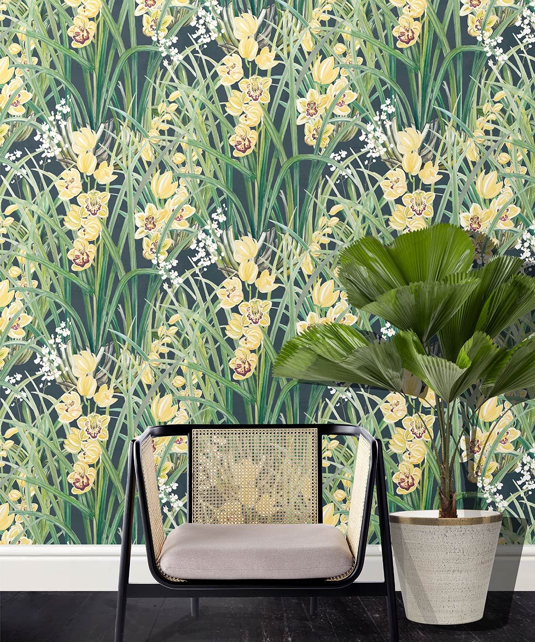 Garden Orchids Wallpaper • Navy • Insitu