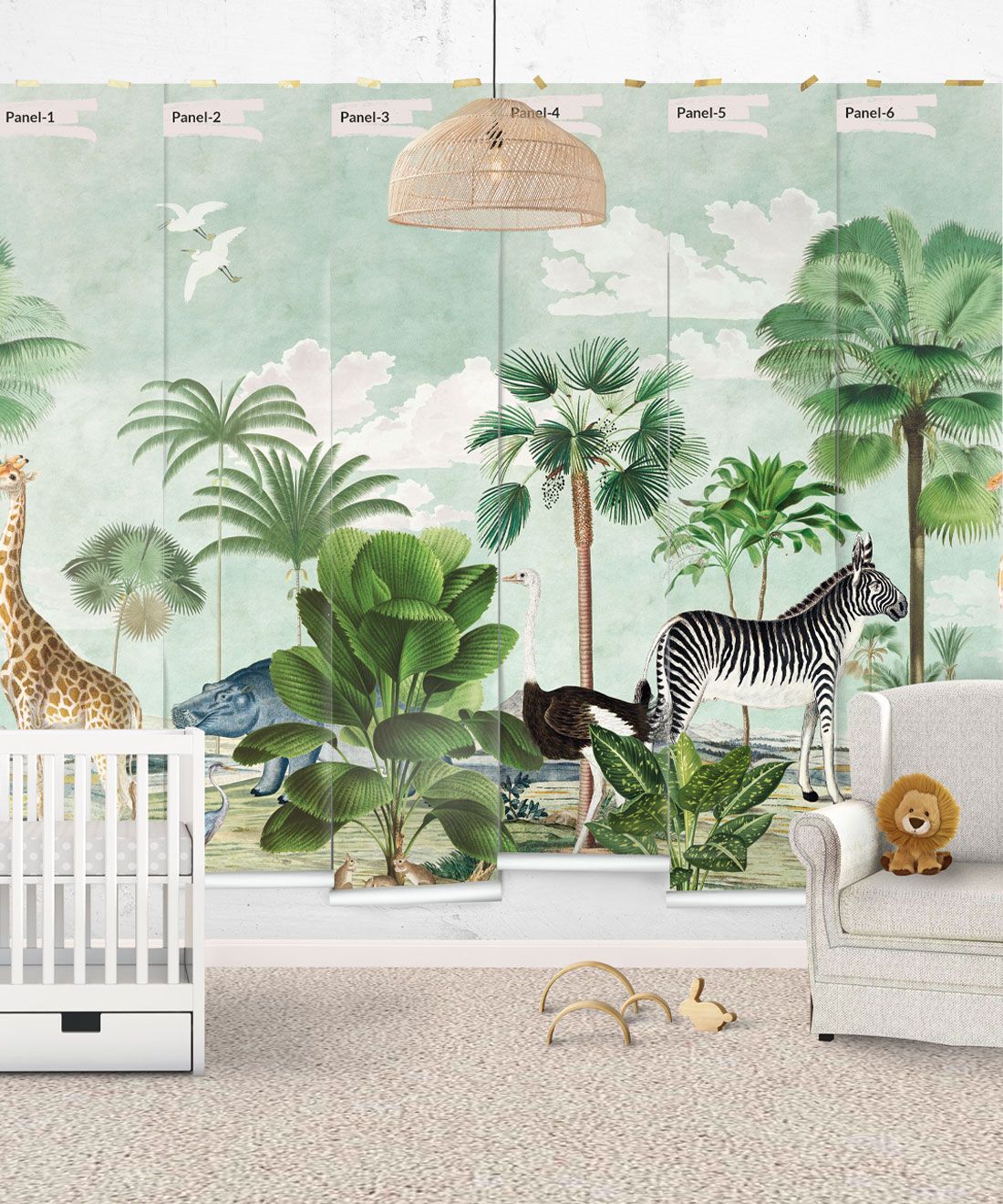 Safari Mural • Bethany Linz • Animal Mural • Childrens Mural • Kids Mural with giraffe, zebra, ostrich • tropical mural • panels