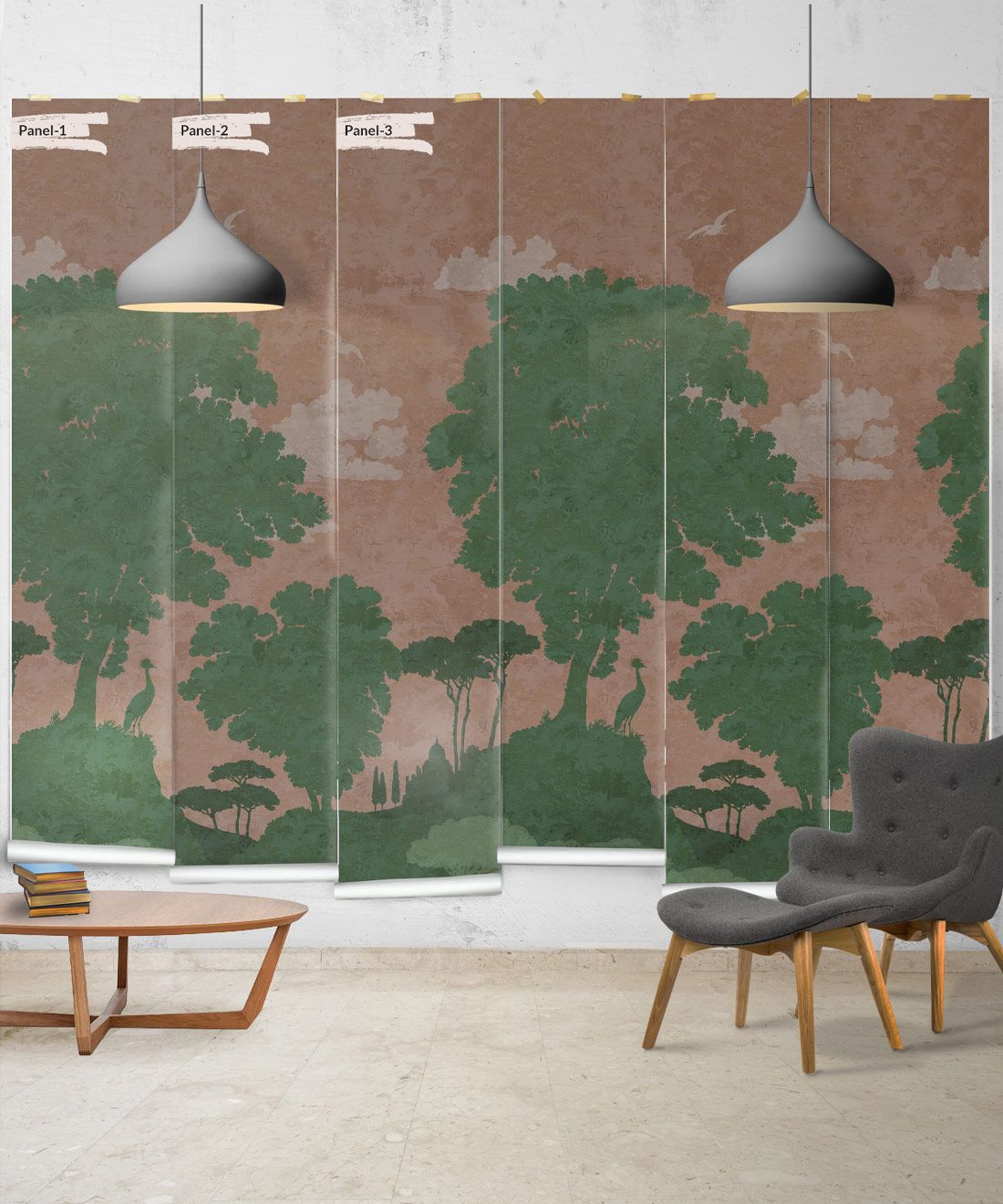 Tuscan Landscape Mural • Italian Wallpaper • Tree Wallpaper • Silhouette Wallpaper • Terracotta • Panels