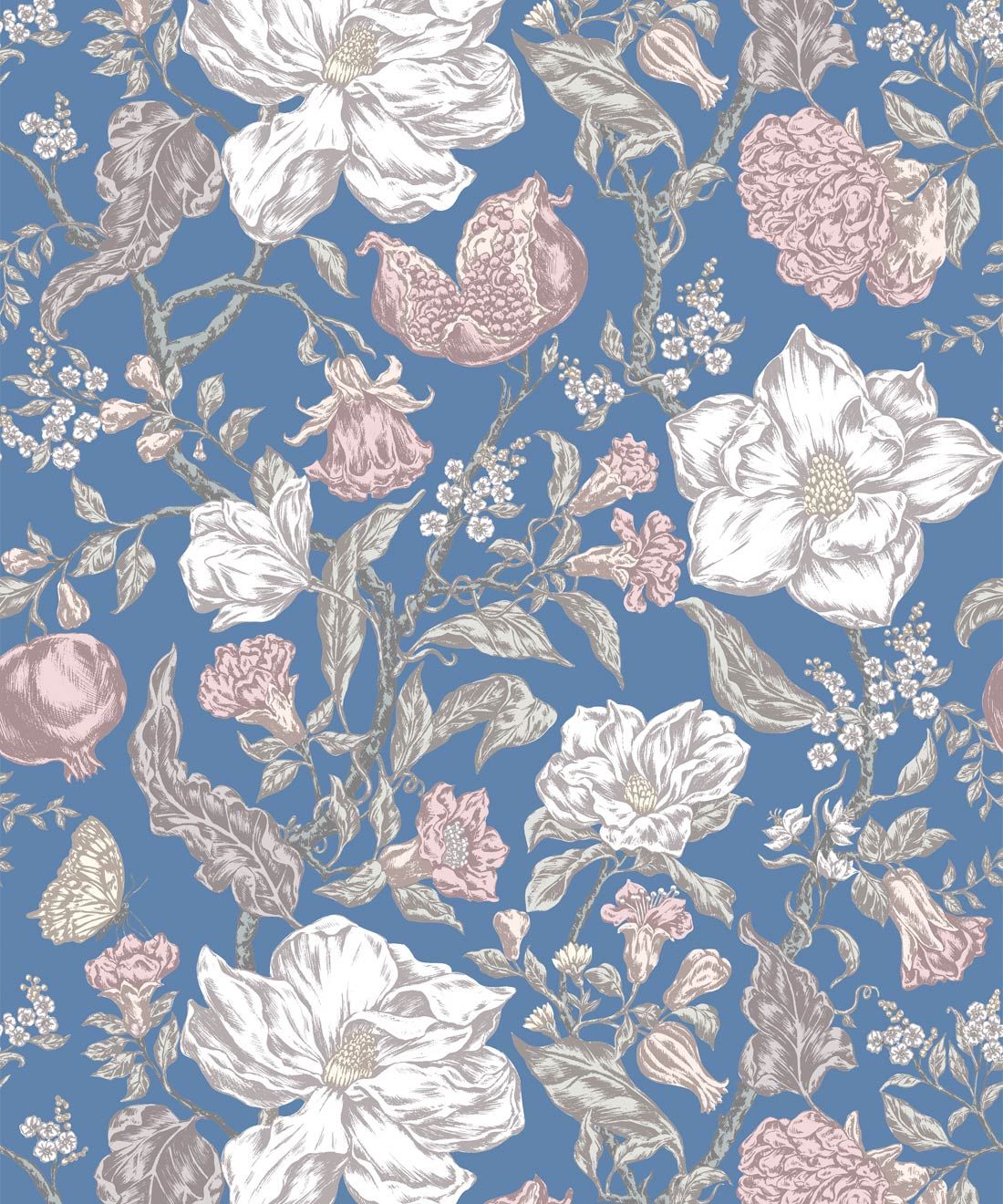 Magnolia Garden Wallpaper • Floral Wallpaper with Pomegranates • Iryna Ruggeri • Blue • Swatch