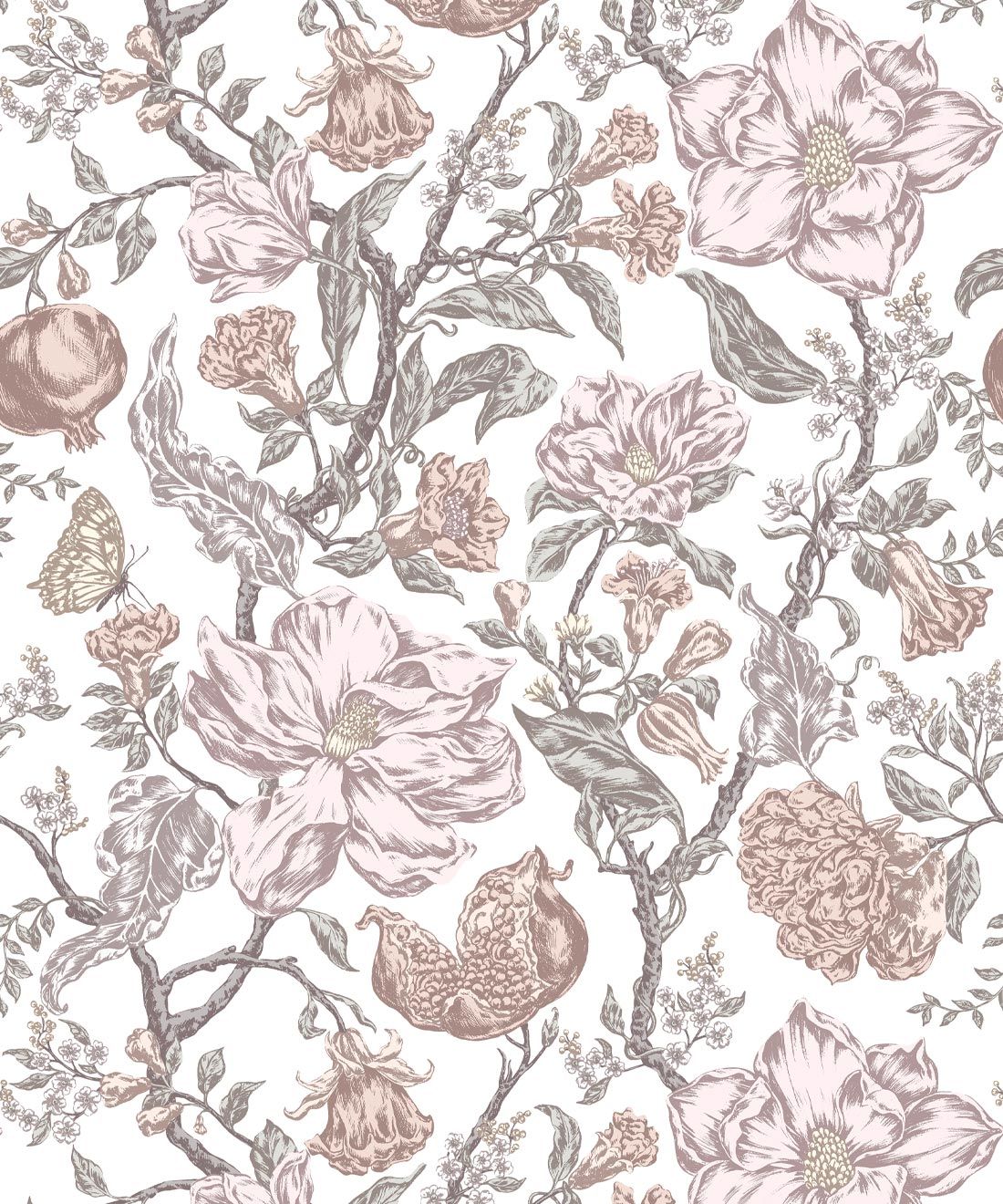Magnolia Garden Wallpaper • Floral Wallpaper with Pomegranates • Iryna Ruggeri • White • Swatch