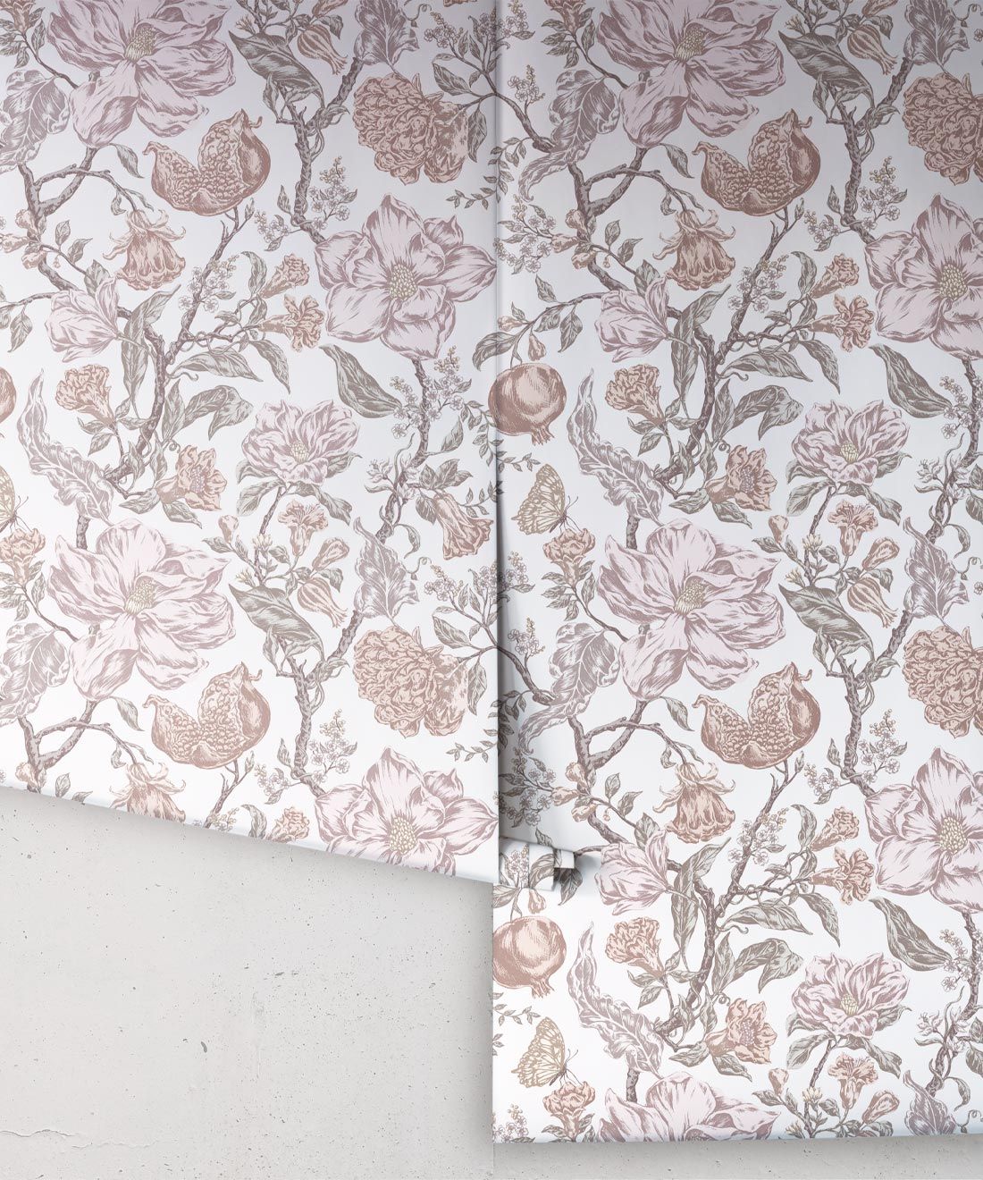 Magnolia Garden Wallpaper • Floral Wallpaper with Pomegranates • Iryna Ruggeri • White • Rolls
