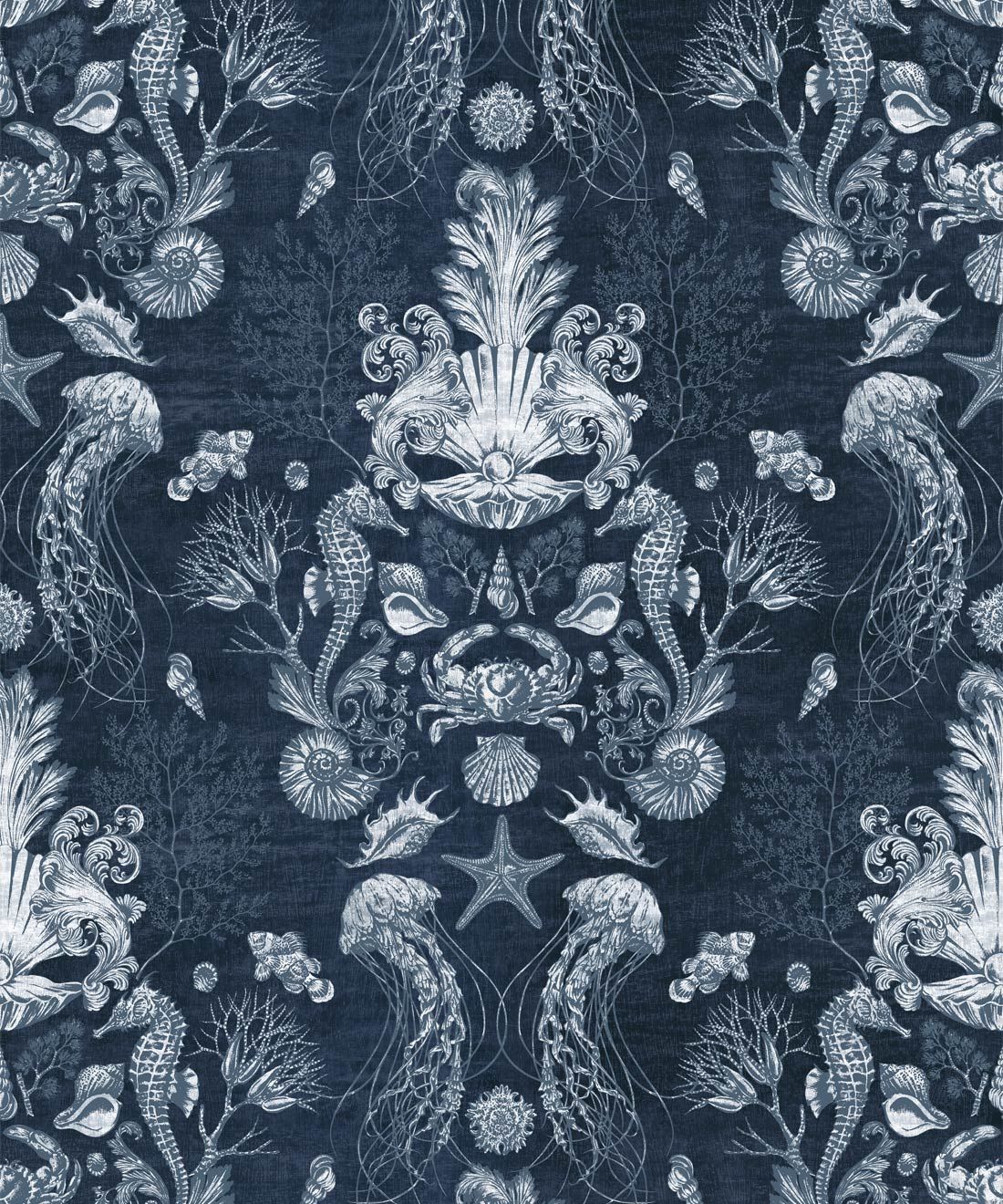 Oceania Damask Wallpaper • Sea Life Wallpaper with Seahorses, Starfish, Jellyfish • Iryna Ruggeri • Blue • Swatch