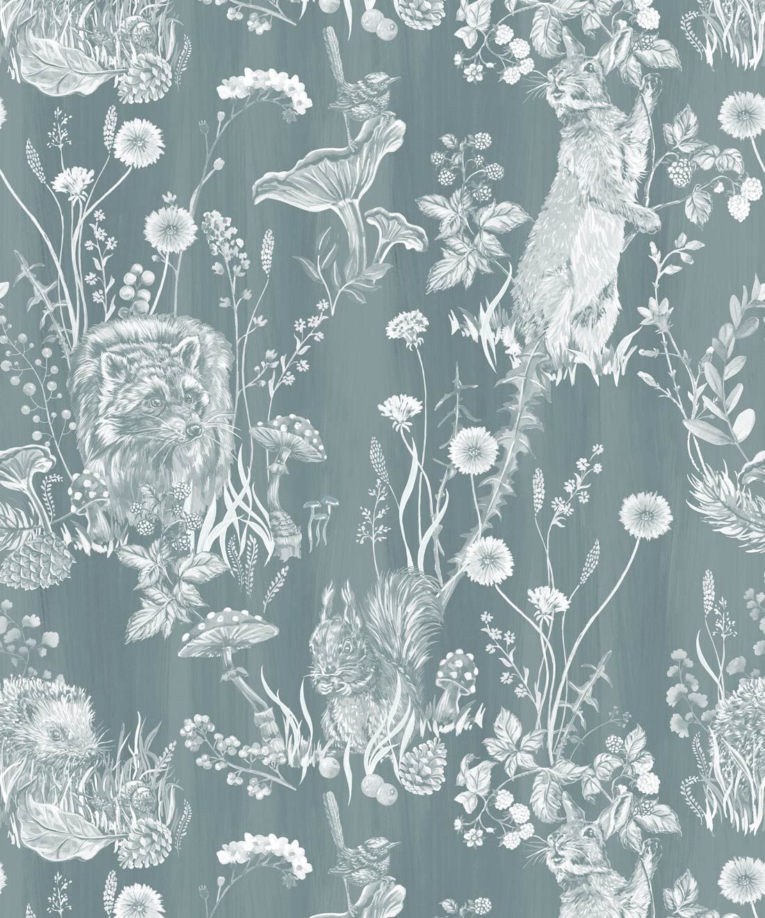 Woodland Friends Wallpaper • Forest Wallpaper with rabbits, hares, raccoons • Iryna Ruggeri • Duck Egg • Swatch